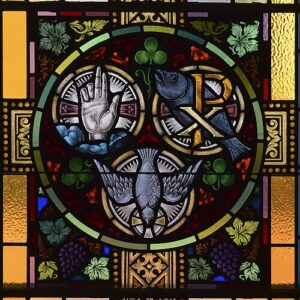 Our_Lady_of_the_Rosary_Shrine_at_Saint_Patrick_Church_(Merlin,_Ontario)_-_stained_glass,_church_nave,_Symbols_of_the_Persons_of_the_Trinity